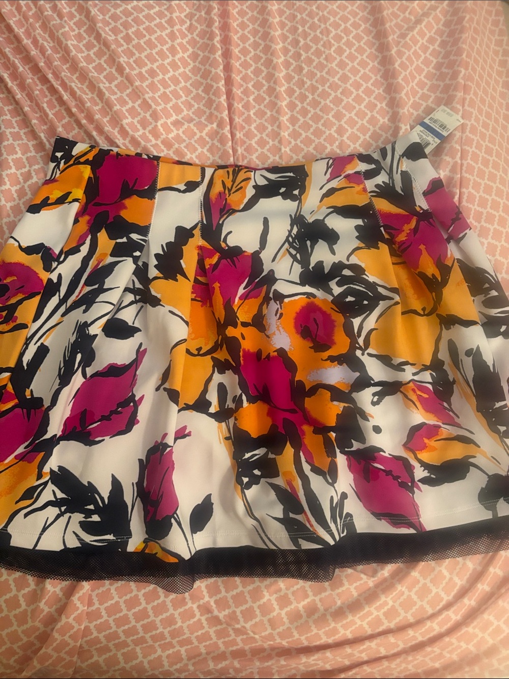 INC International Concepts White Floral Circle Skirt with Pink & Orange Blooms